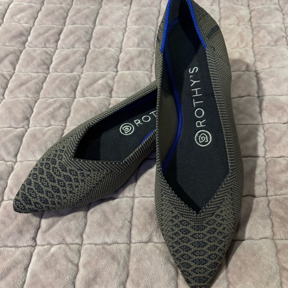 Rothy's Pointed Knit Flats in Olive and Black Trim